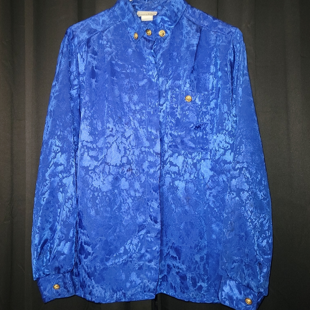 Laura Mae Vtg Cool Blue Button Blouse Gold Buttons